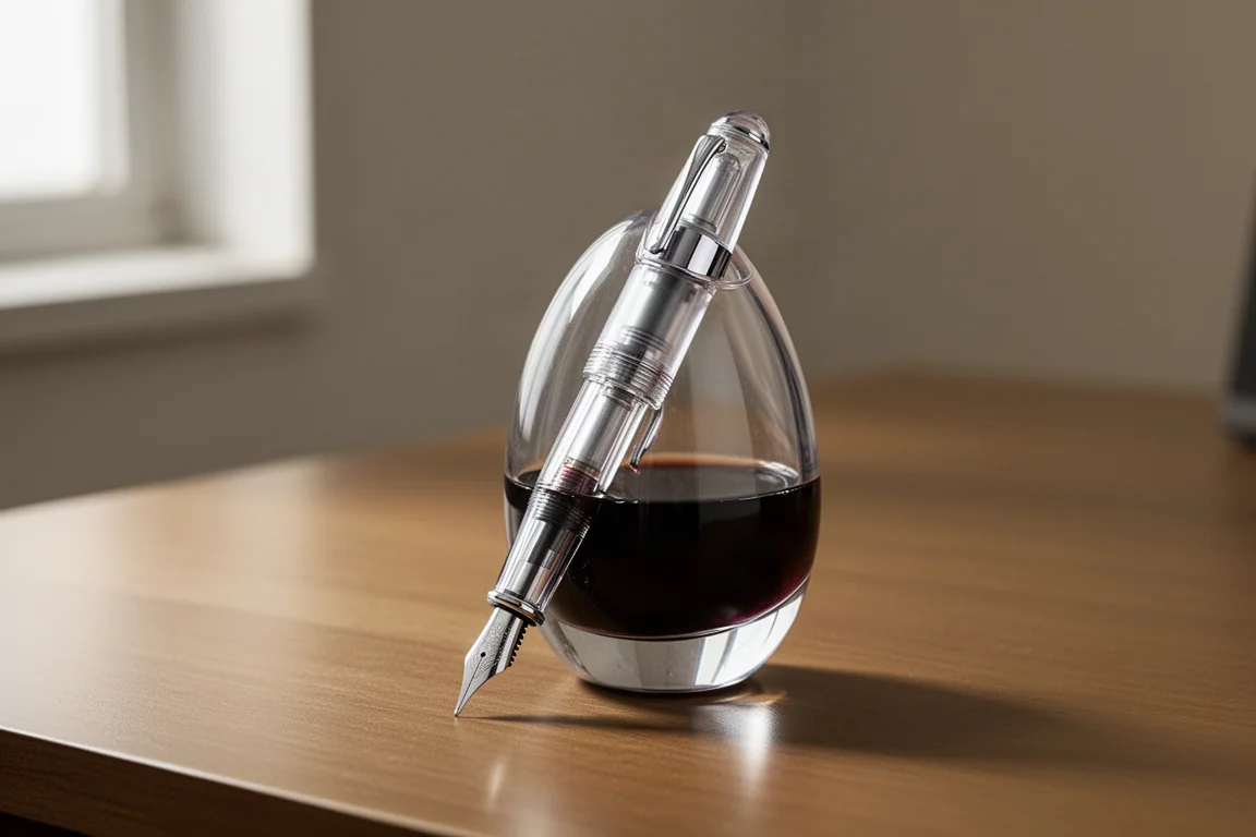 Clear demonstrator fountain pen at three-quarter angle on grey concrete surface
