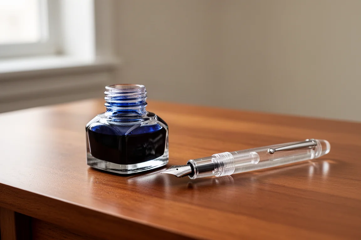 Tintero abierto junto a una pluma estilográfica sobre un escritorio con luz natural suave