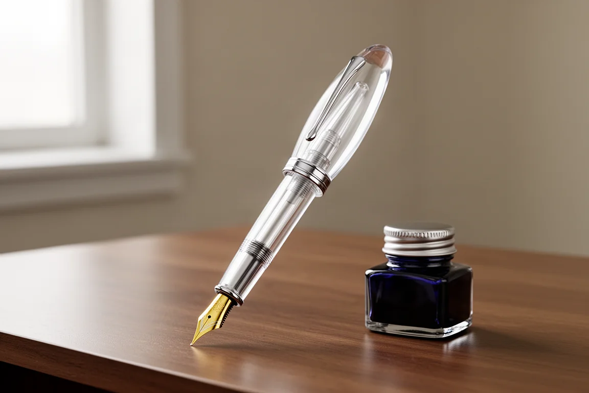 Transparent fountain pen with oversized clear cap and gold nib on a wooden desk beside an ink bottle