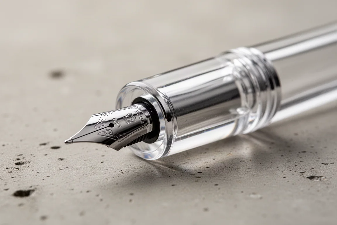 Transparante acryl dop van een fountain pen waarin de grote nib zichtbaar is door het gepolijste materiaal