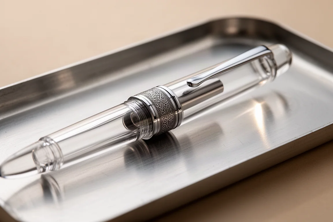 Gegraveerde centrale ring en lange clip van een transparante fountain pen in zacht licht