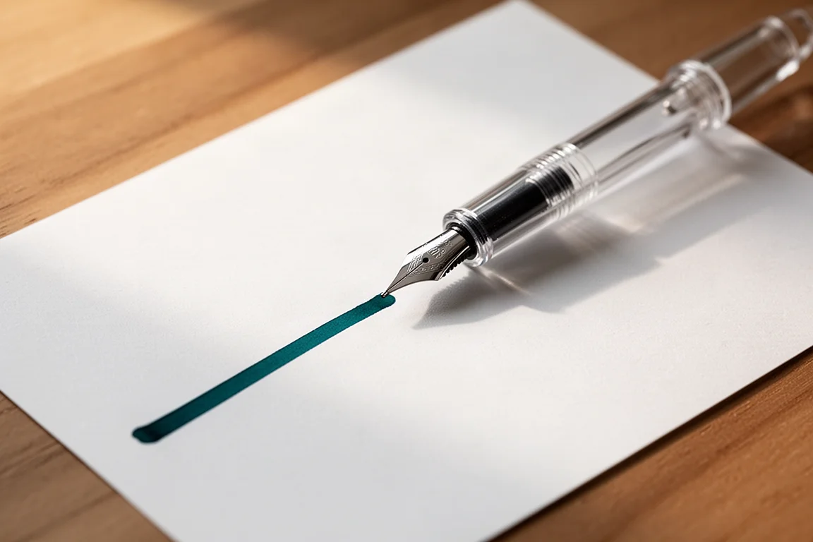 Fountain pen schrijft een lijn teal inkt op wit papier