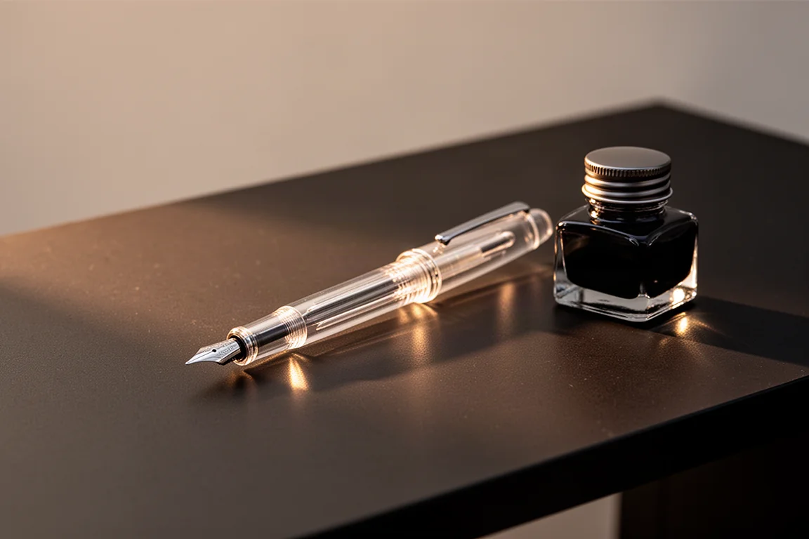 Transparante fountain pen liggend op een bureau naast een inktfles in warm avondlicht