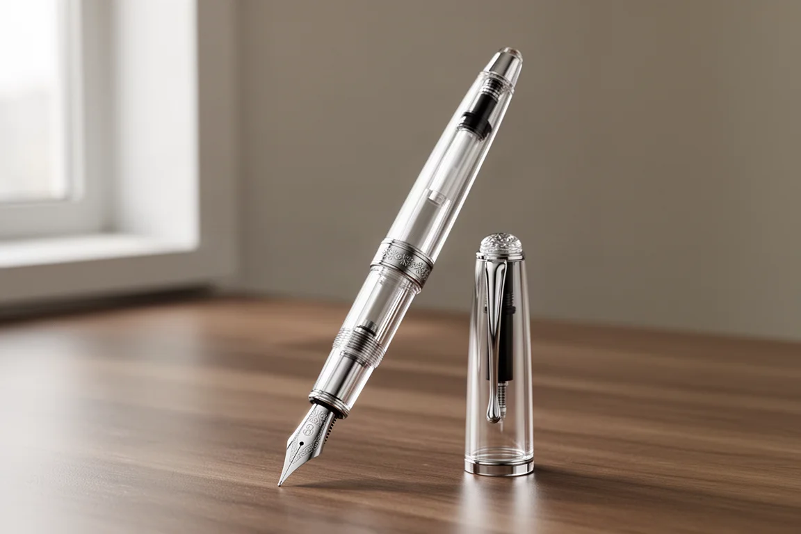 Przezroczysty akrylowy fountain pen z dużą stalową stalówką stojący na drewnianym biurku obok kapeczki