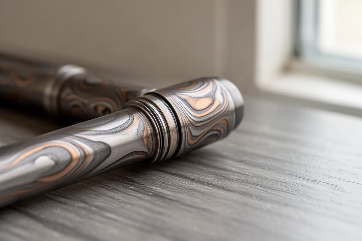 Rollem de Mokume de titânio em camadas em um corpo de caneta-tinteiro, com padrão metálico espiralado