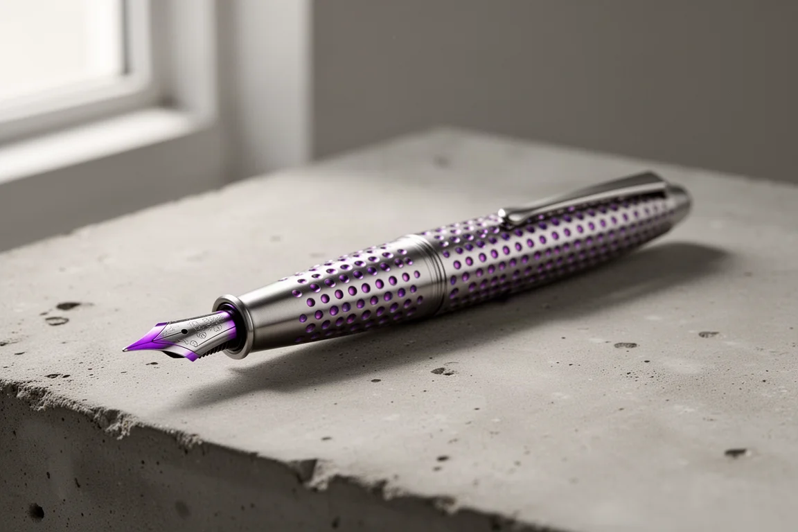 Dimpled titanium fountain pen with purple anodized accents on a matte concrete surface