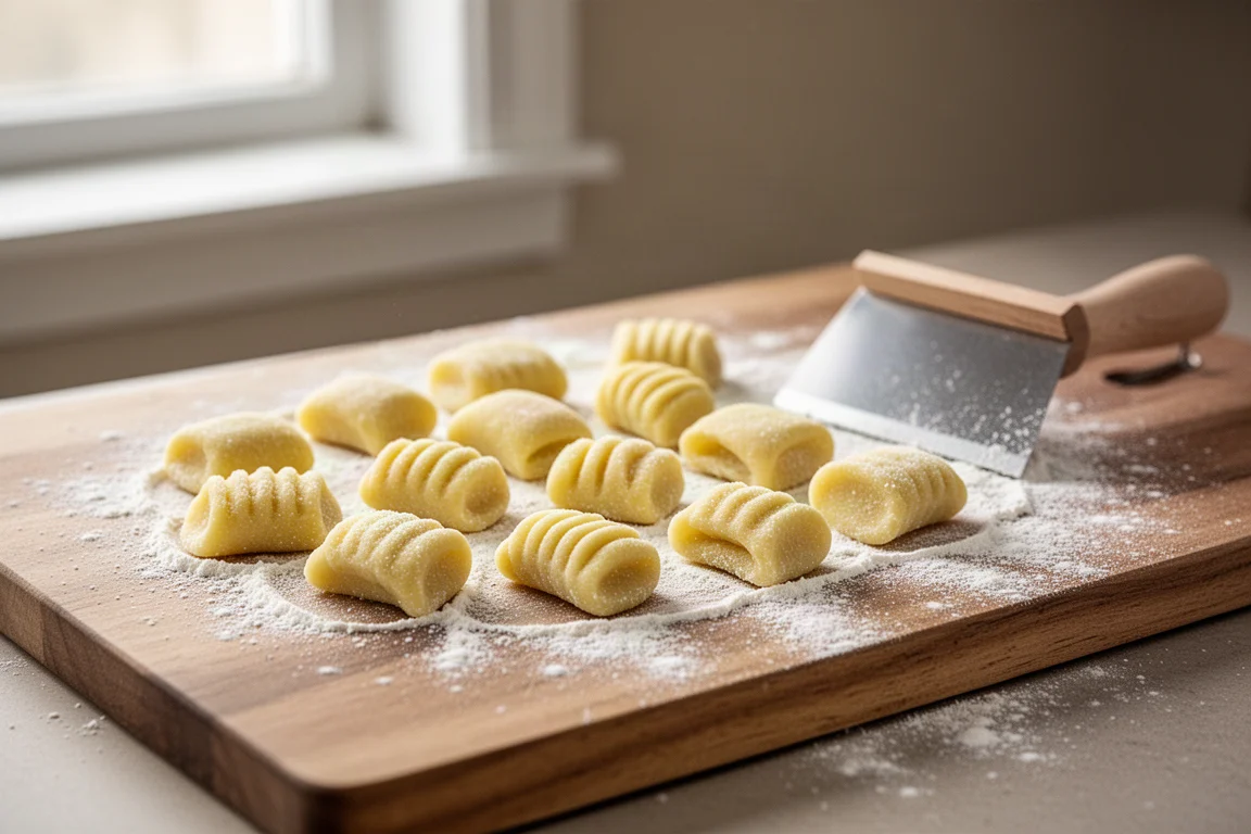 Freshly made gnocchi dusted with flour on a wooden board in a home kitchen