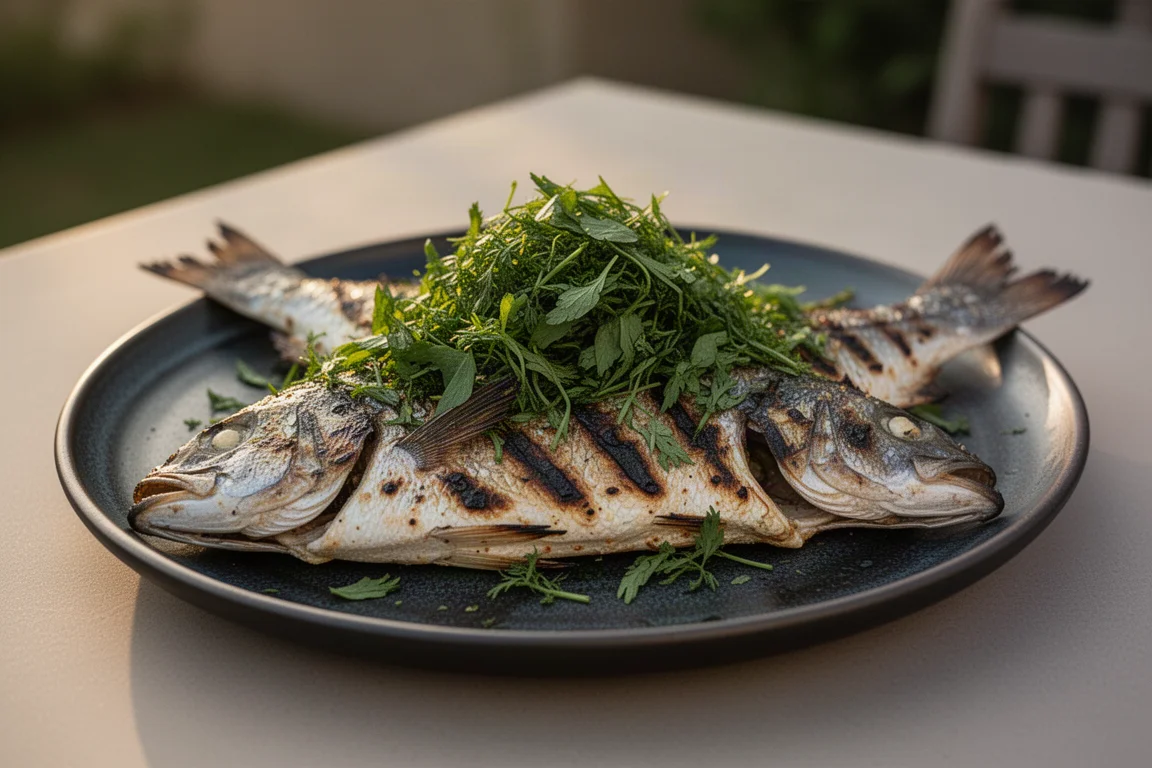 Herb-crusted grilled fish fresh off the grill with charred edges