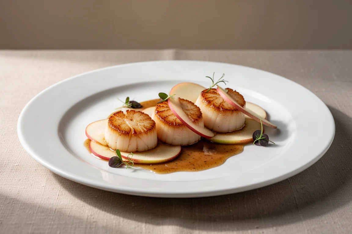 Pan-seared scallops plated with apple slices and brown butter sauce
