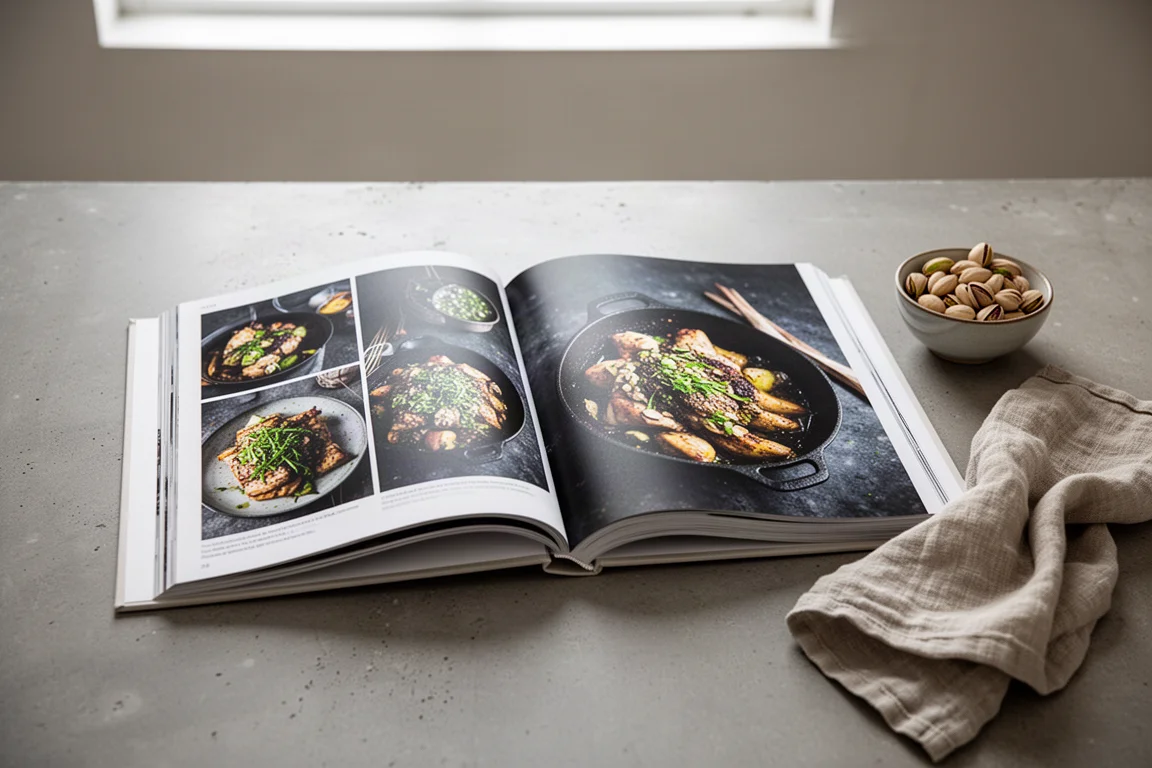 Open cookbook with high-contrast food photography lying on a kitchen table