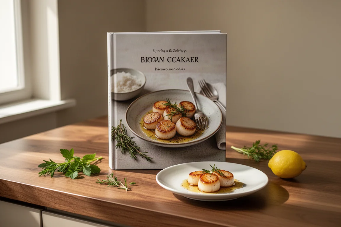 Hardcover cookbook standing on a kitchen counter beside a plated scallop dish