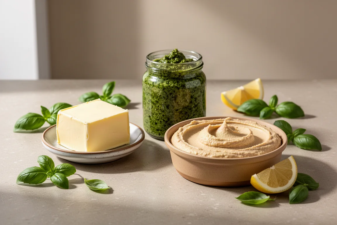 Butter, pesto jar and hummus tub arranged on a stone kitchen counter with basil leaves