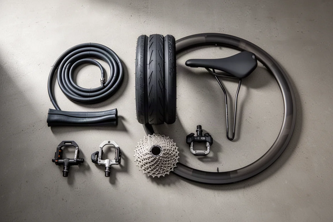 Flat-lay van racefietsonderdelen waaronder binnenband, band, zadel, pedalen, cassette en velg