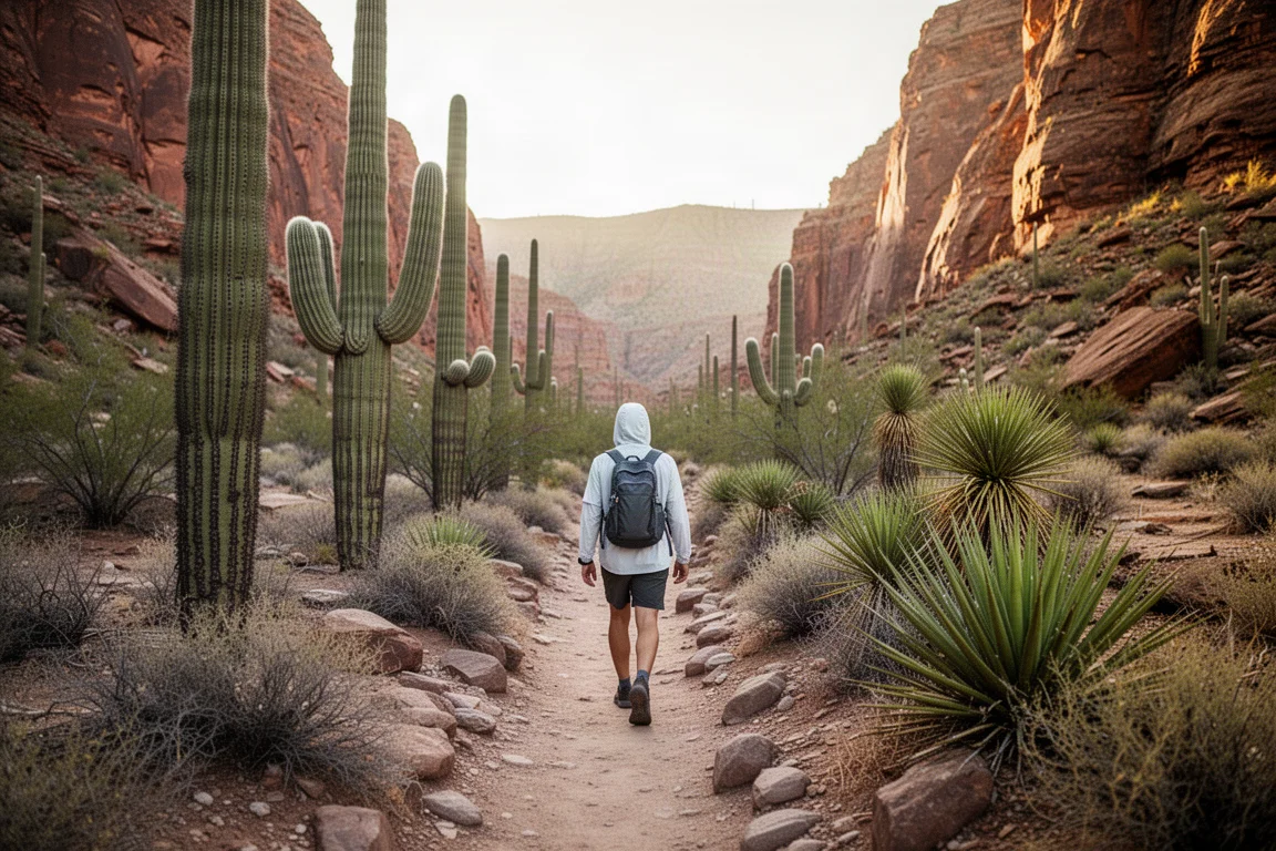 Wanderer in einem Sun Hoodie auf einem felsigen Wüstenweg, gesäumt von Saguaro-Kakteen