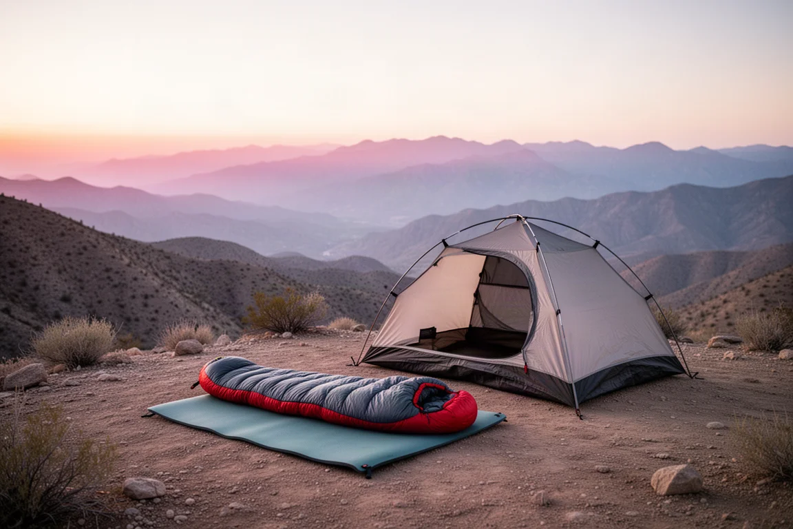 Campingplatz auf einem Wüstengrat bei Sonnenuntergang mit ausgelegtem Schlafsack und Zelt