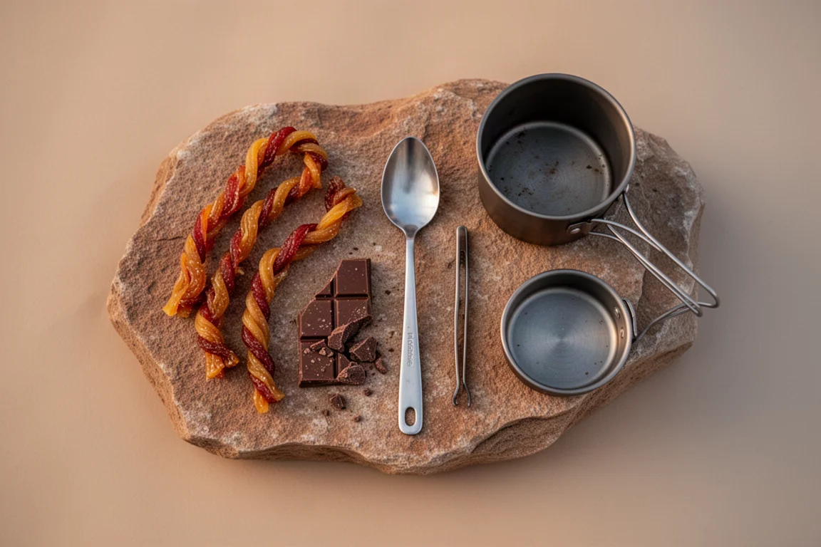 Draufsicht als Flat-Lay von Trail-Snacks und Camping-Kochgeschirr auf einem flachen Wüstenfelsen