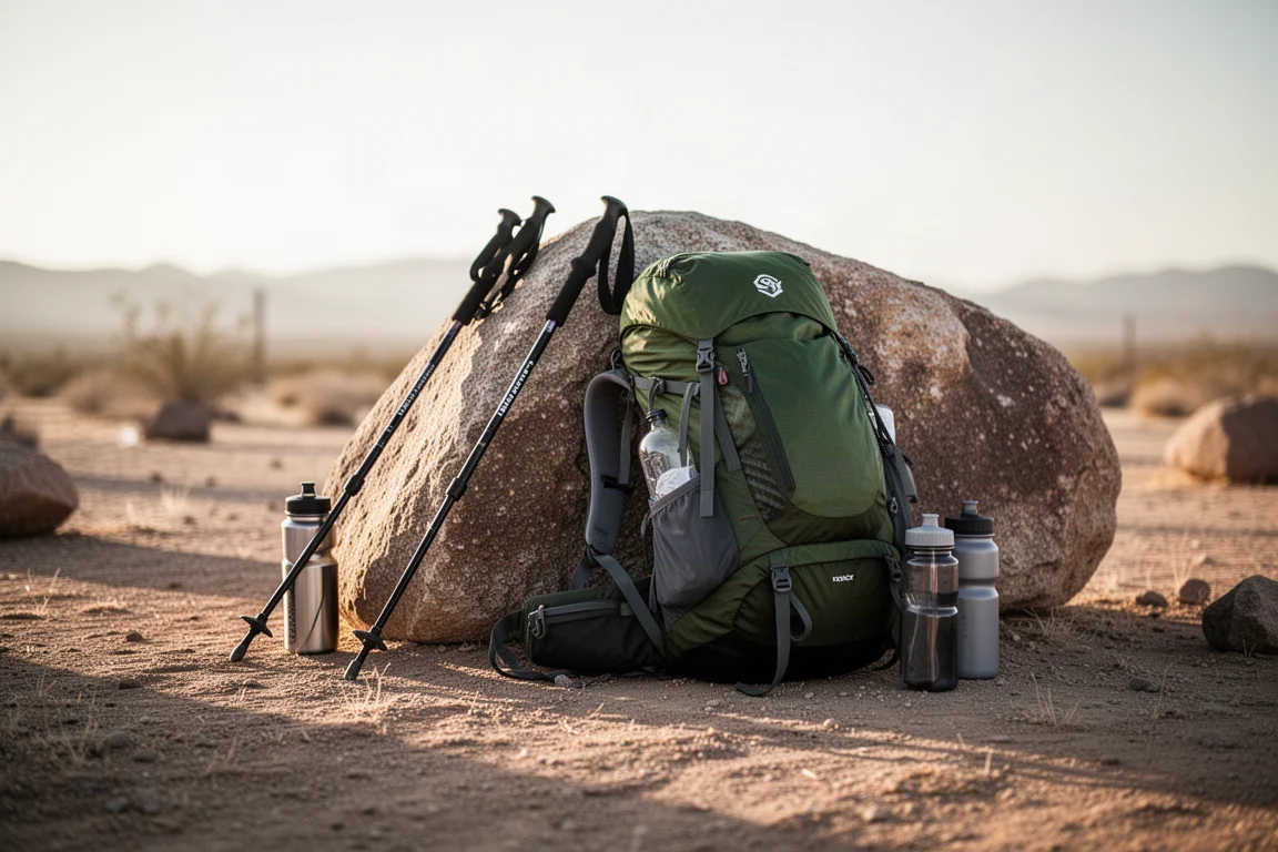 Beladener Ultraleicht-Rucksack auf einem Findling an einem Wüstencampingplatz im Morgenlicht
