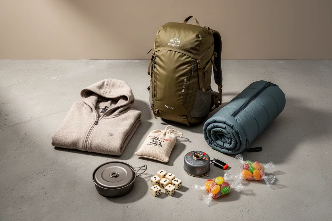 Flat-lay di attrezzatura da backpacking progettata dai maker su una superficie di cemento opaco
