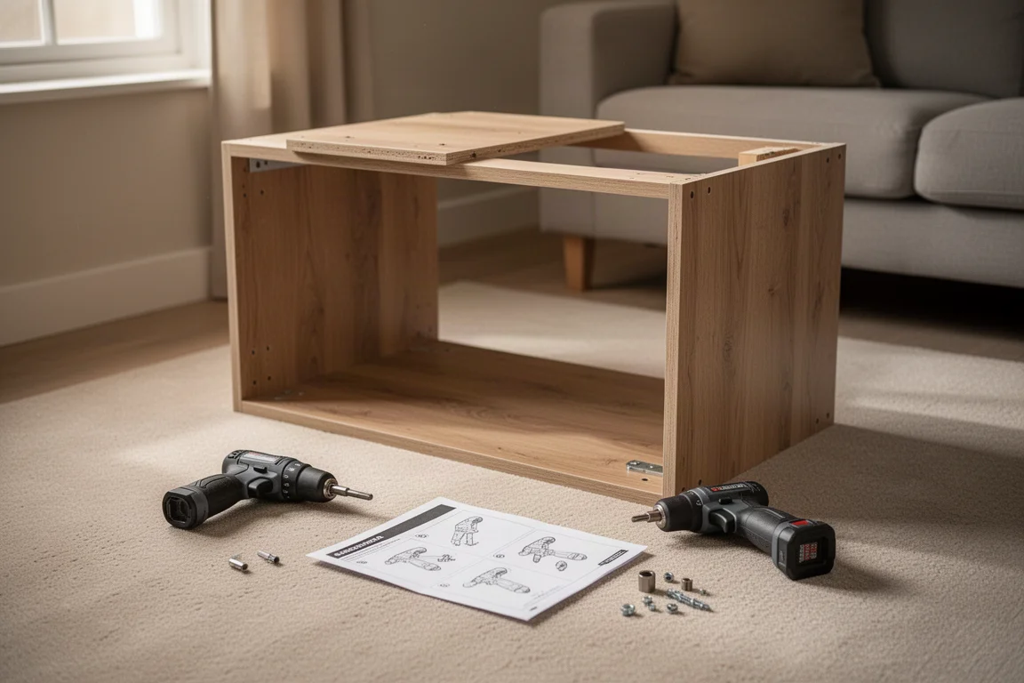 Meble typu flat-pack w stylu IKEA składane na podłodze salonu za pomocą akumulatorowej wkrętarki
