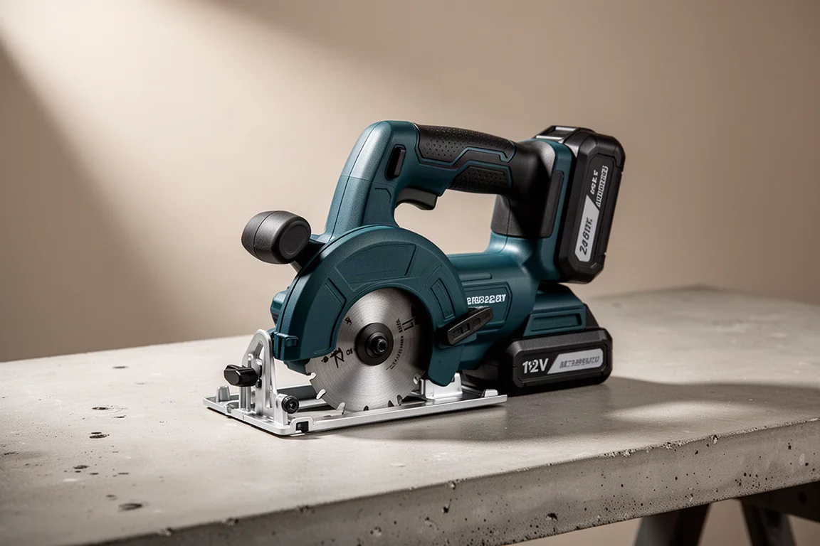 Compact Makita 12V circular saw on a concrete workbench