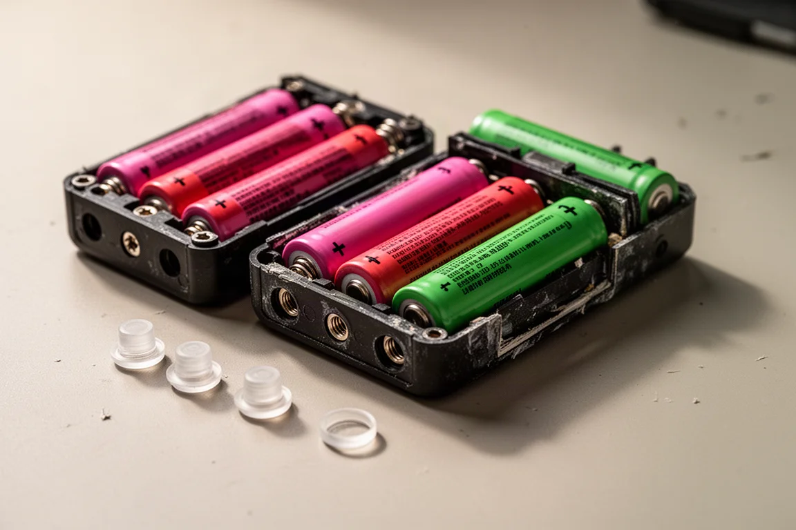 Innenansicht geöffneter Akkupacks mit zylindrischen Lithium-Ionen-Zellen