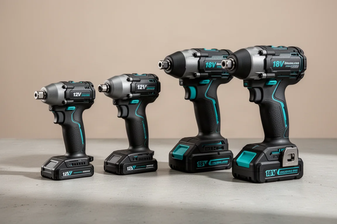 Four cordless Makita impact tools lined up comparing compact 12V and larger 18V sizes