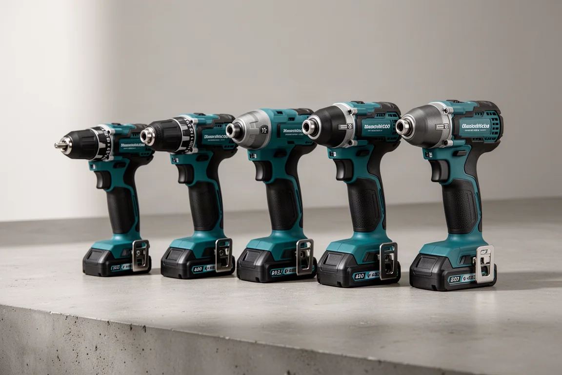 Four compact Makita-style cordless drills and impact drivers lined up on a concrete surface