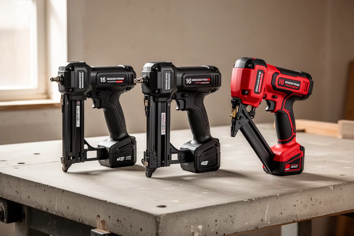 Two Makita 16 gauge finish nailers and a Milwaukee angled finish nailer on a workshop bench