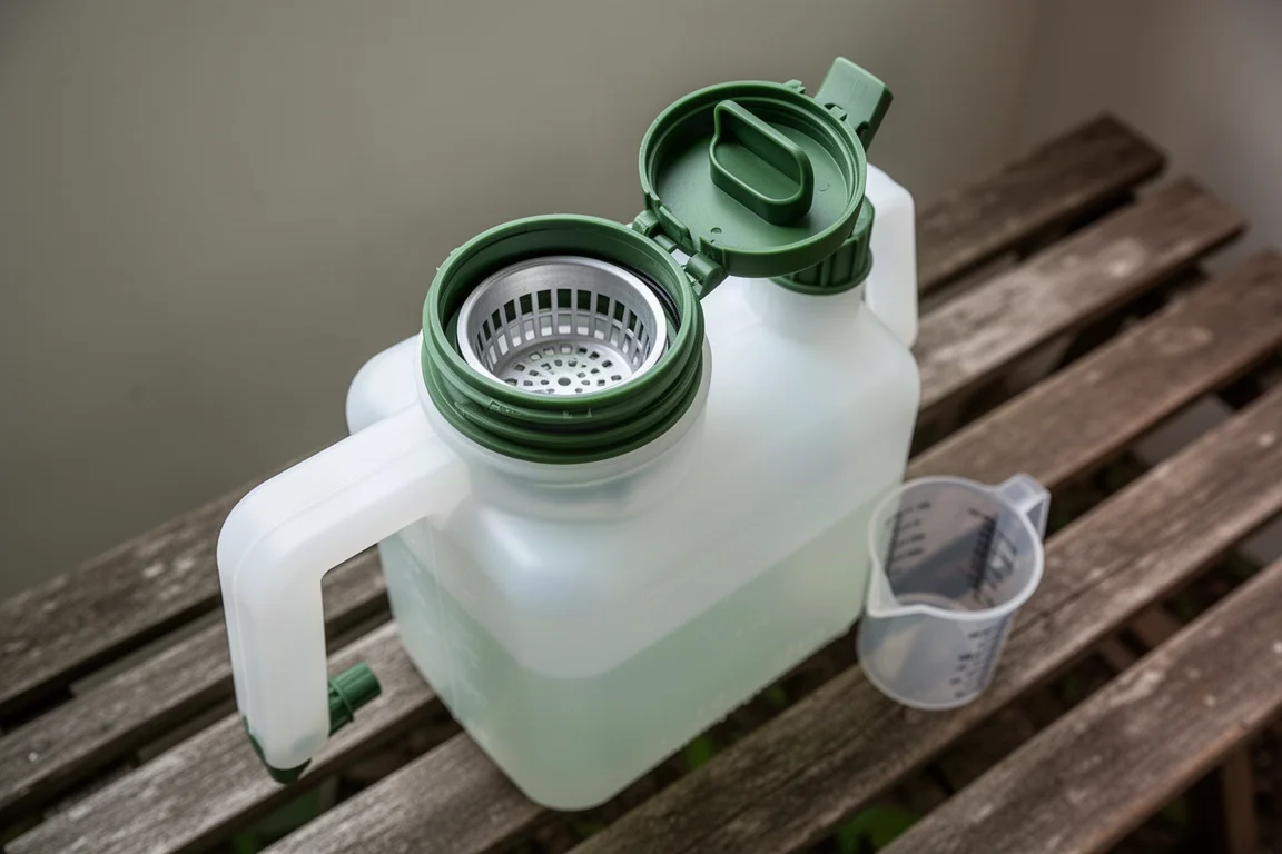 Open sprayer tank showing the removable measuring cup and internal filter
