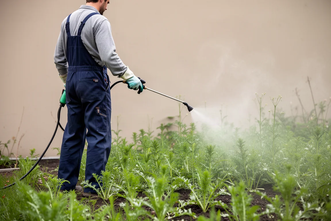 Gardener in overalls spraying weeds along a garden border in spring