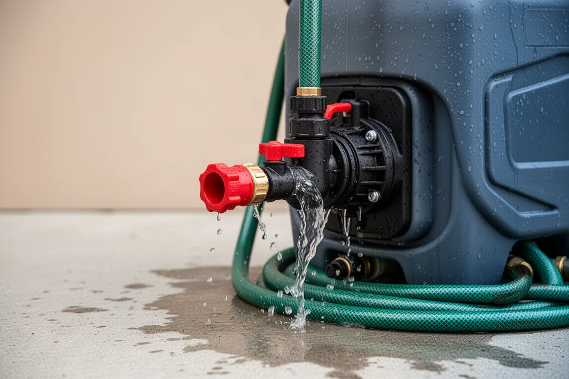 Rinsing the sprayer pump through the red flush valve with a hose