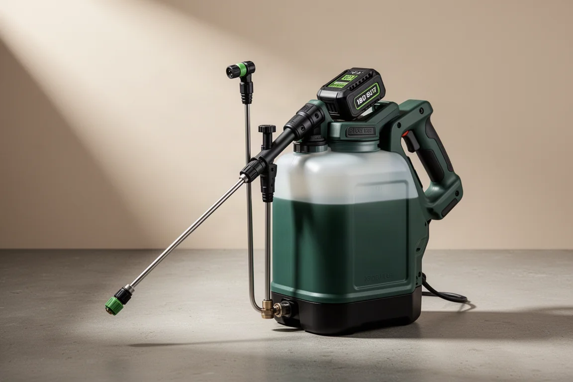Cordless 18V garden sprayer with 5-litre tank and spray lance on concrete