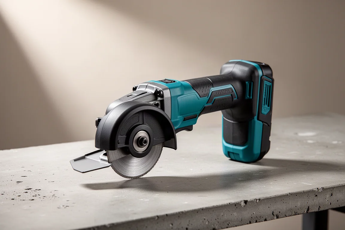 Makita 18V Brushless 3-Inch Cutoff Tool with cutting guard on a workbench