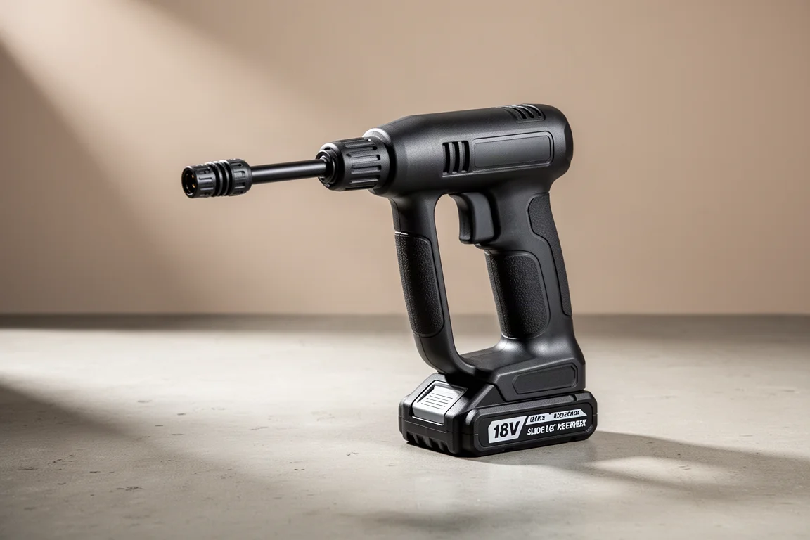 Makita 18V cordless pressure washer with battery and lance on concrete surface