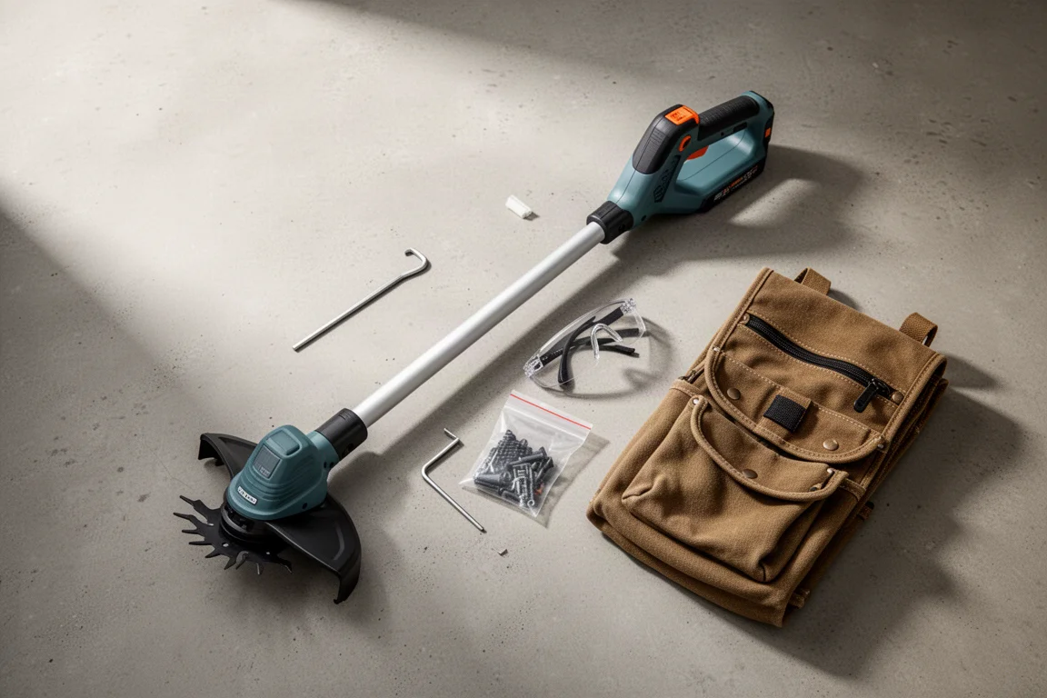 Kit de desbrozadora inalámbrica desplegado con batería, cargador, protección y bolsa de lona