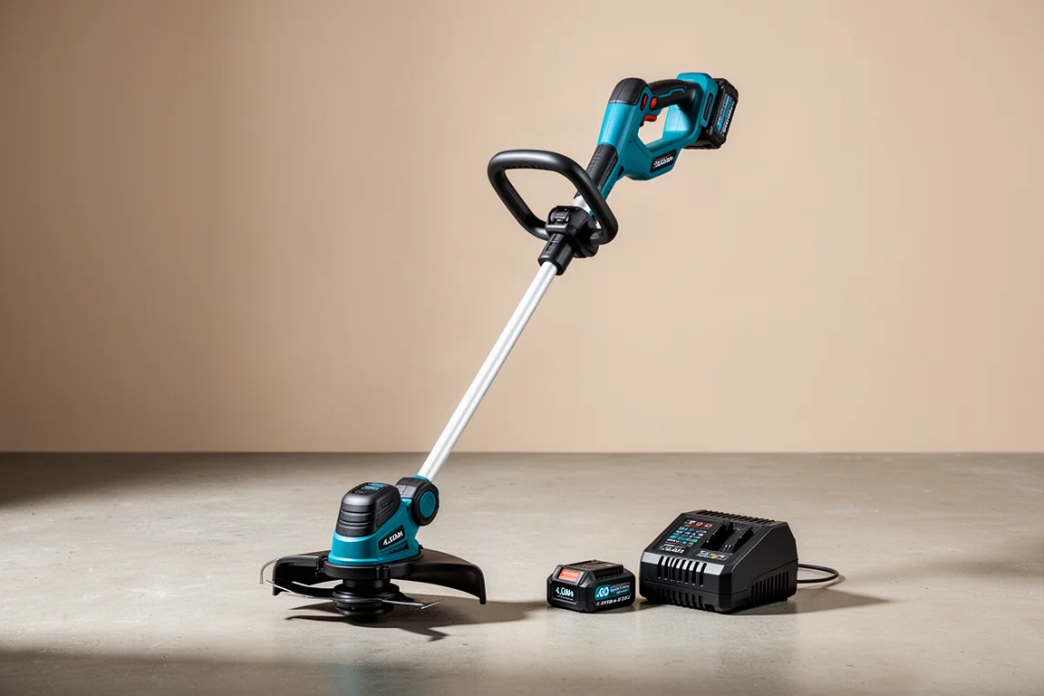 Makita 18V brushless string trimmer kit with battery and charger on concrete surface