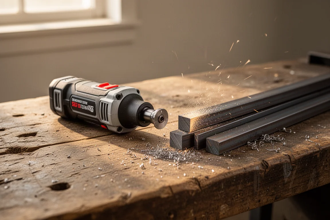 Compact cordless cut-off tool resting on a workbench in a garage