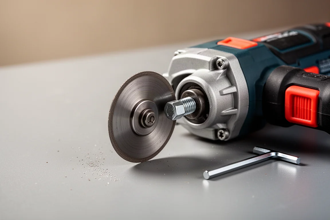Close-up of a blade change on a small cut-off tool with a hex bolt