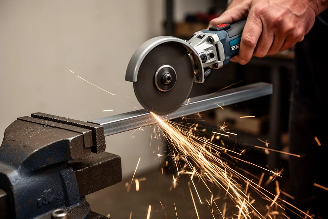 Sparks flying as a small cut-off tool slices through a steel bar
