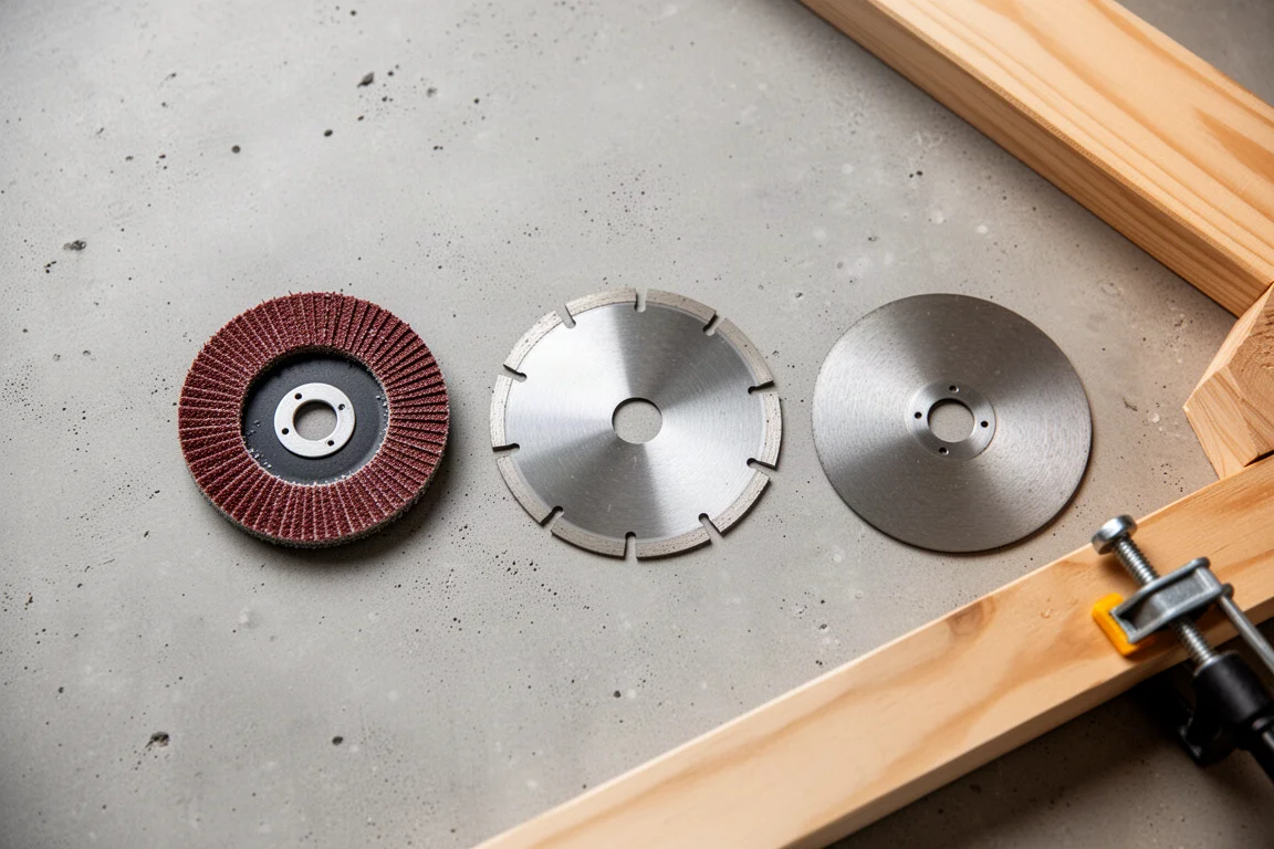Tile, PVC and metal cutting wheels arranged on a workshop table