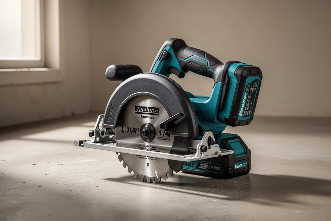 Cordless rear handle circular saw on a concrete workshop floor