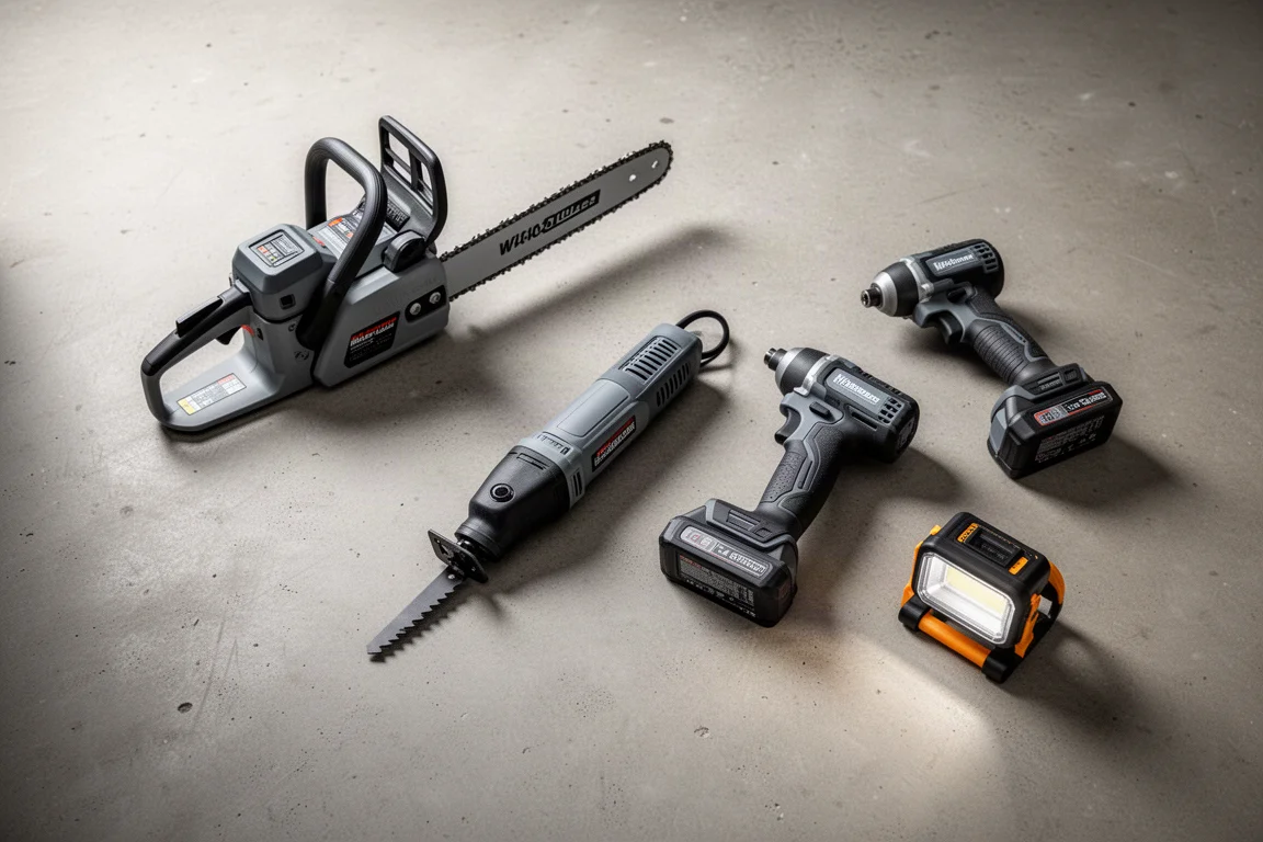 Établi couvert d'outils électriques sans fil variés sous une lumière du jour douce