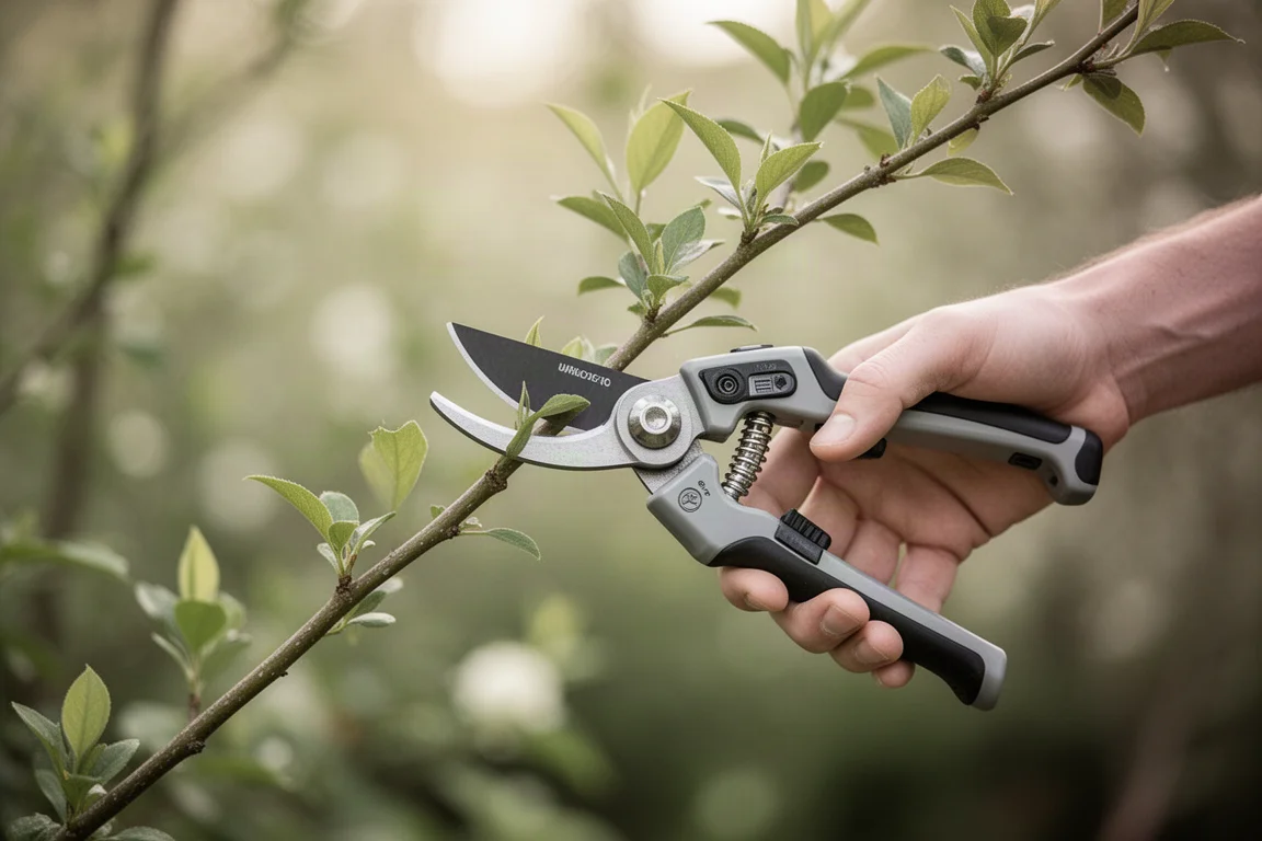 Cisailles à tailler sans fil coupant une petite branche en plein jour