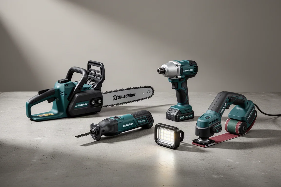 Assorted Makita cordless power tools arranged on a concrete workshop surface