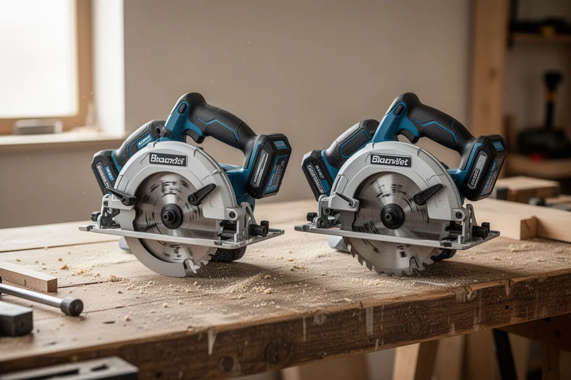 Two cordless circular saws side by side on a workshop workbench