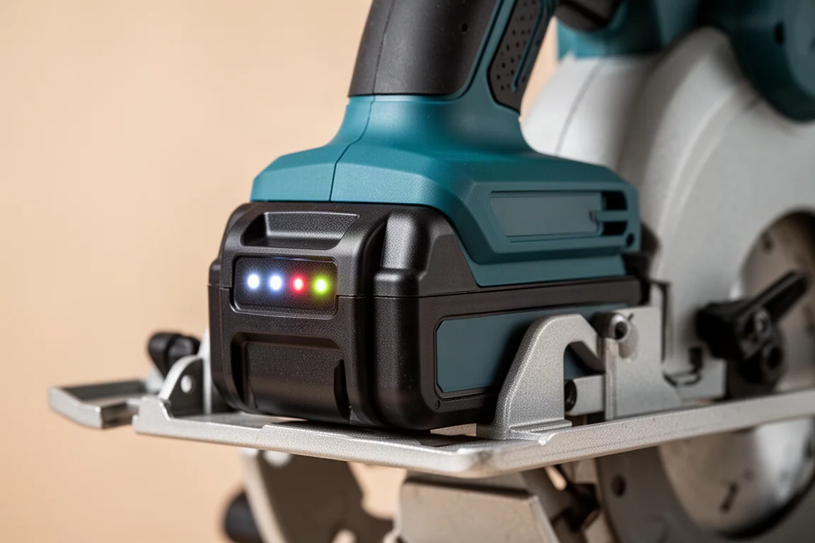 Close-up of battery indicator lights on a cordless circular saw