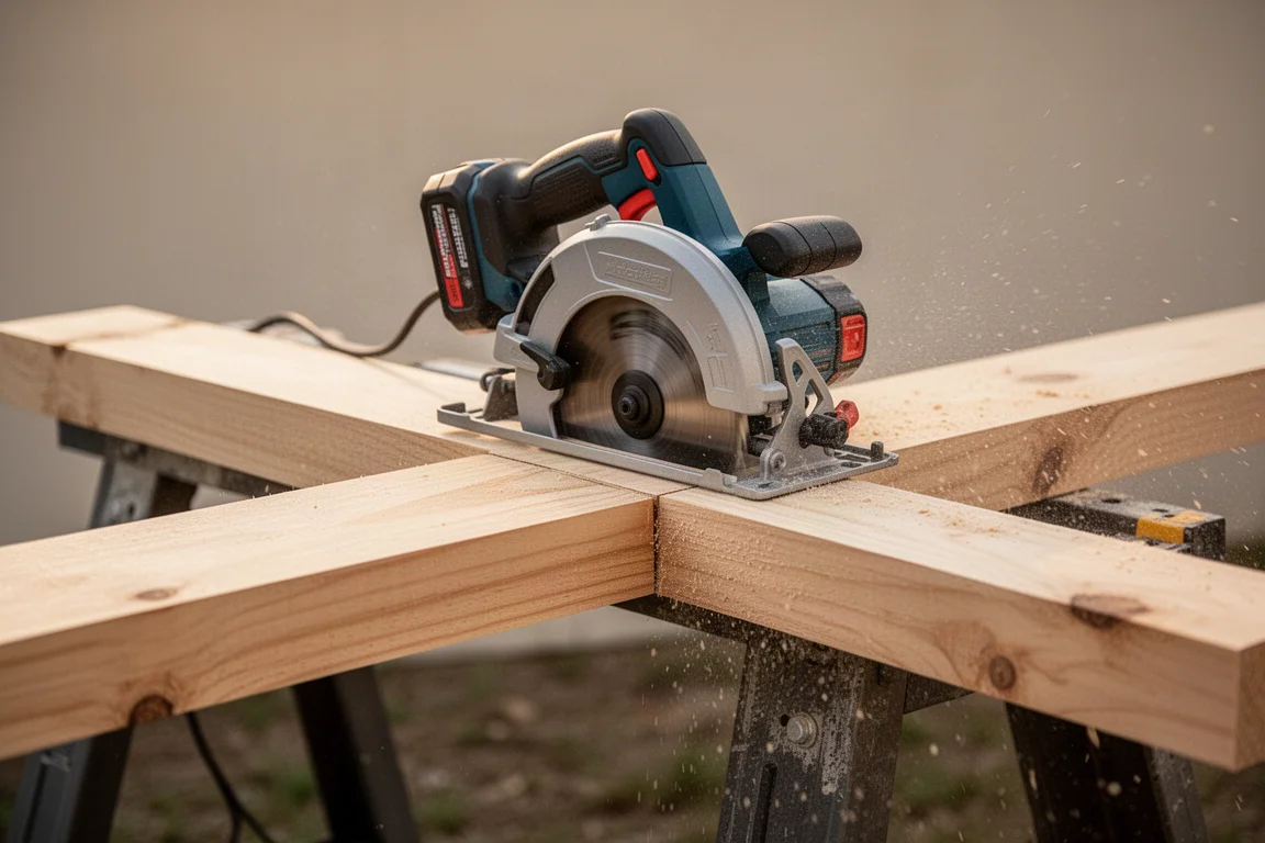 Cordless circular saw cutting a two-by-six board on sawhorses