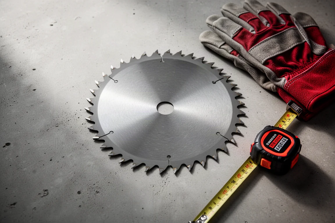 Circular saw blade with carbide teeth resting on a concrete surface
