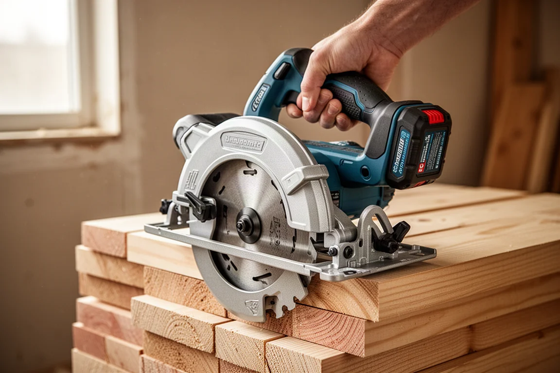 Cirkelzaag met rear handle vastgehouden in constructiepositie