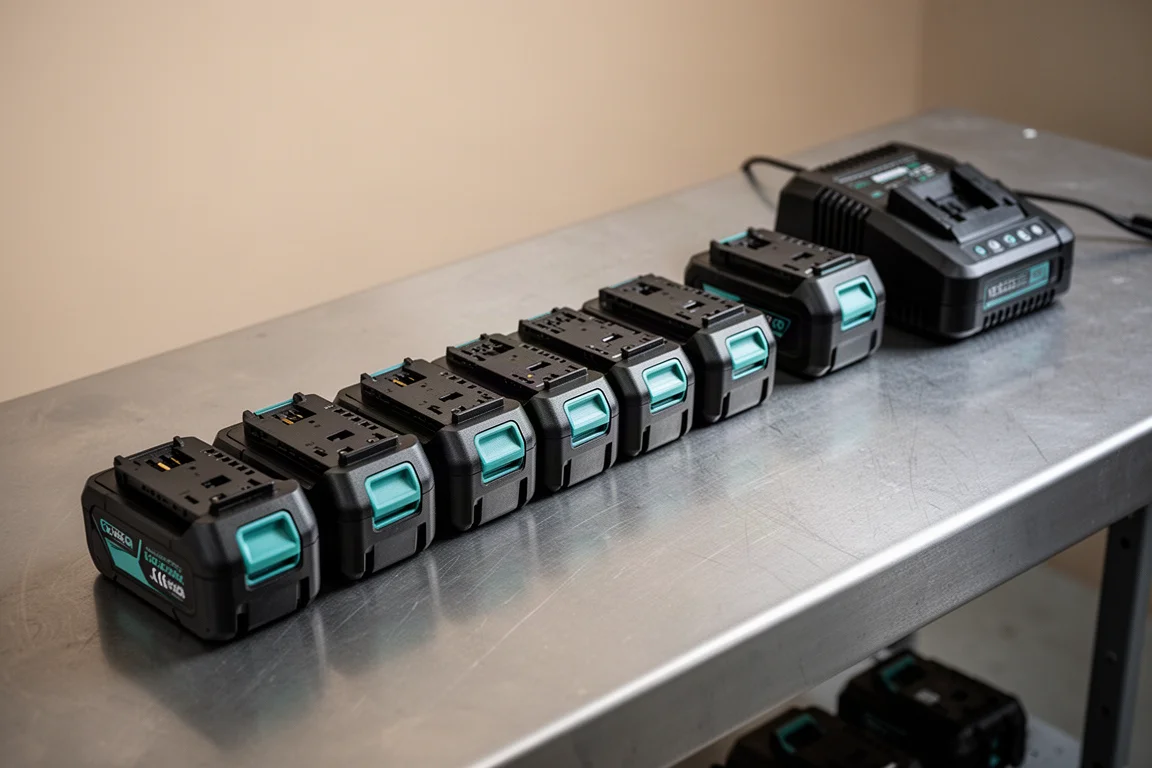 Reihe von Makita LXT Akku-Packs auf einer Werkbank